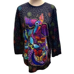 Vintage Y2K Laurel Burch Black Dog Butterfly Dot Top XXL